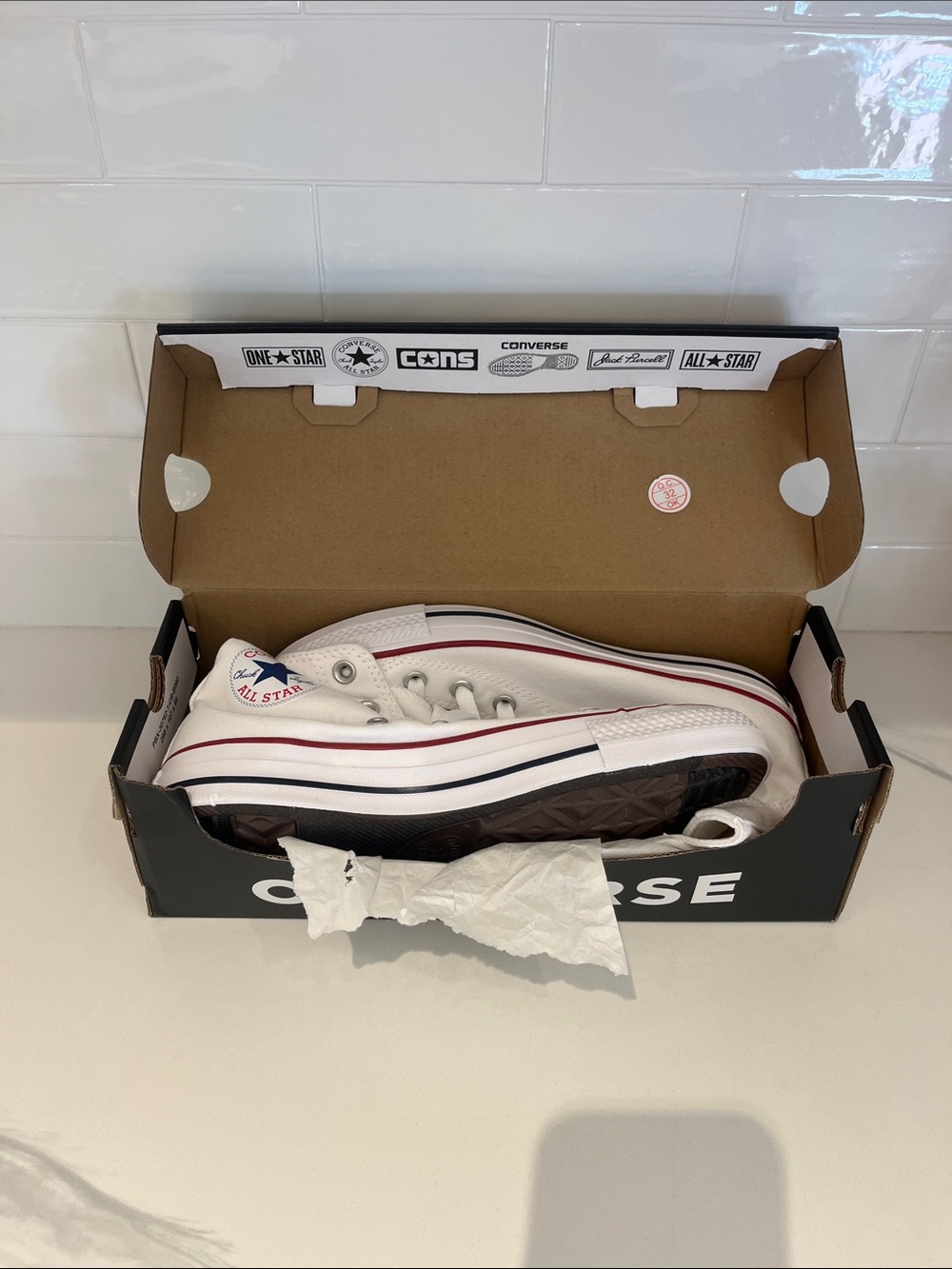 Converse  White High Top Sneakers with Red & Black Stripe